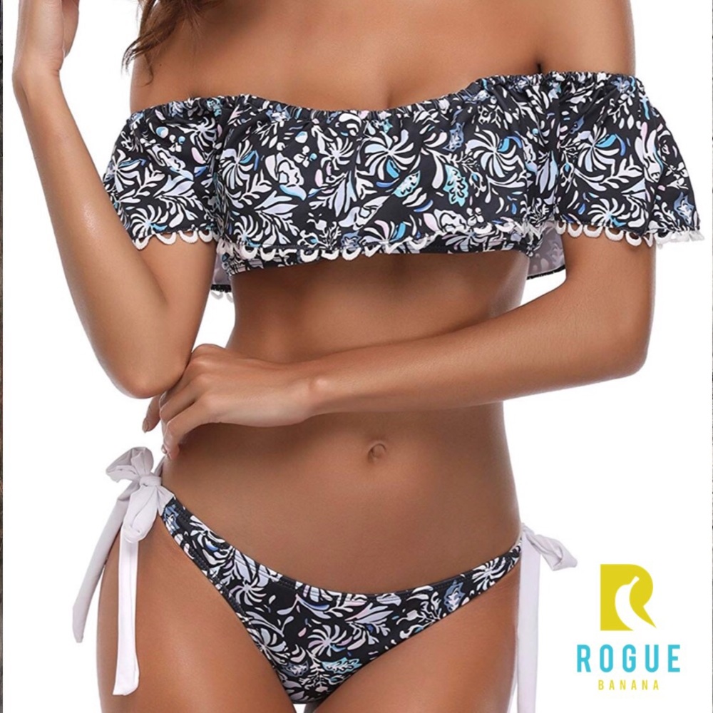 🆕👙Ruffle Off Shoulder Blk/Wht/Blue Bikini!👙🆕 - Picture 2 of 8